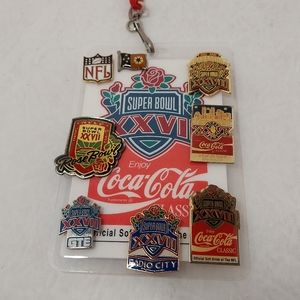 Coca Cola Pass And 6 Super Bowl 27 XXVII pins. 1 NFL pin, 1 Flag Pin. And more